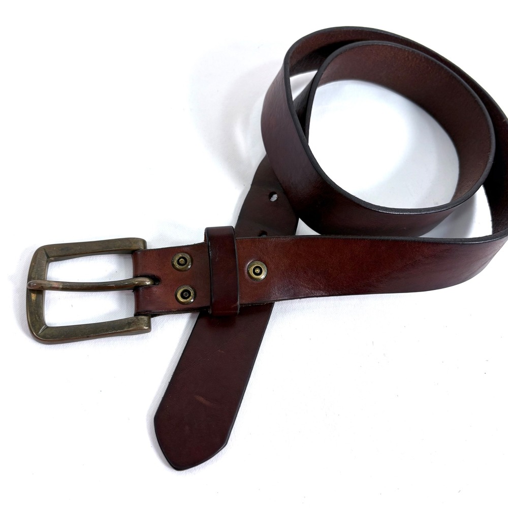 Vintage Leather Belt Brown Full Grain Antique Brass Buckle Riveted 45 Inch
